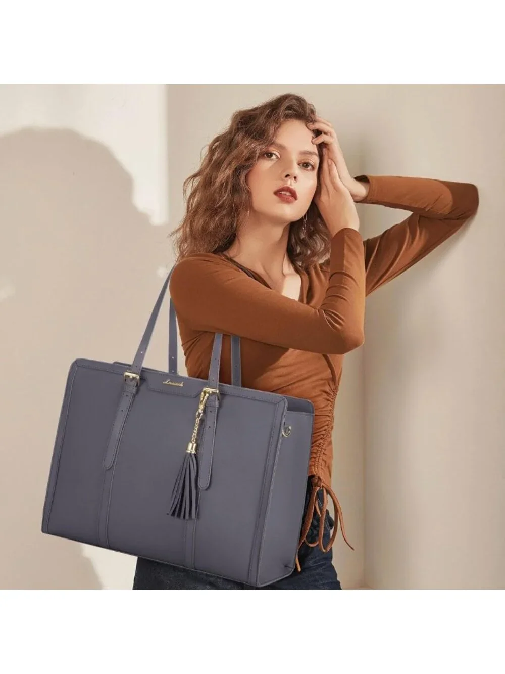 Stylish Lightweight Leather Laptop Tote Bag for Women, 15.6